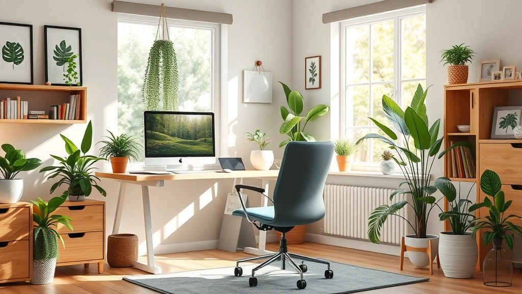 Photorealistic home office setup with computer workstation, comfortable chair, natural window light, and eco-friendly elements like potted plants and wooden furniture, no text visible