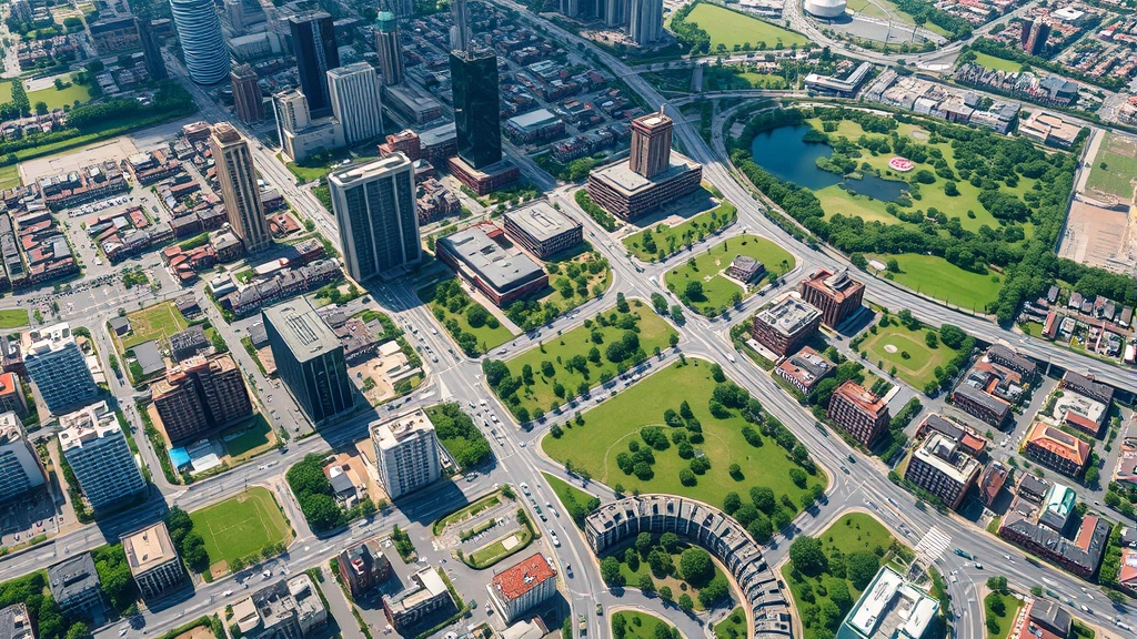 Photorealistic aerial view of diverse urban landscape showing office buildings, residential areas, and green parks with transportation networks, demonstrating environmental impact of work locations, no maps or labels