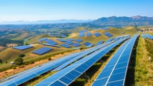 Photorealistic image of solar panel farm stretching across rolling hills with clear blue sky, showing modern renewable energy infrastructure integration with natural landscape, no text or labels, vibrant natural colors
