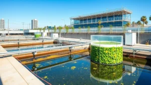 Modern wastewater treatment facility with advanced filtration systems and recovered resource containers in Los Angeles urban area, showing sustainable infrastructure in action with clear blue sky
