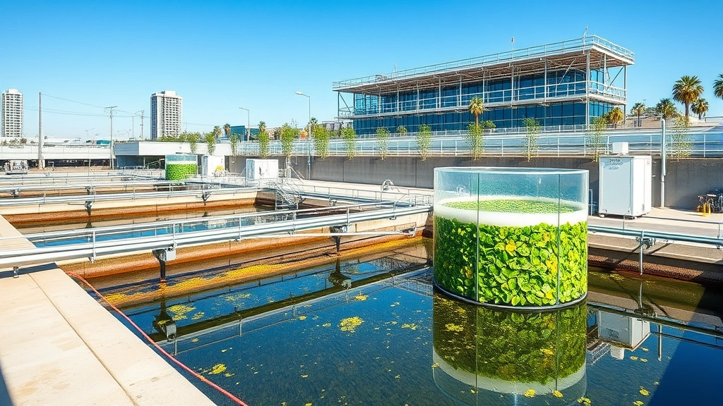 Modern wastewater treatment facility with advanced filtration systems and recovered resource containers in Los Angeles urban area, showing sustainable infrastructure in action with clear blue sky