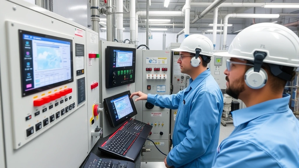 Professional engineers and technicians operating control systems in state-of-the-art sanitation facility, monitoring water quality and treatment processes with digital displays