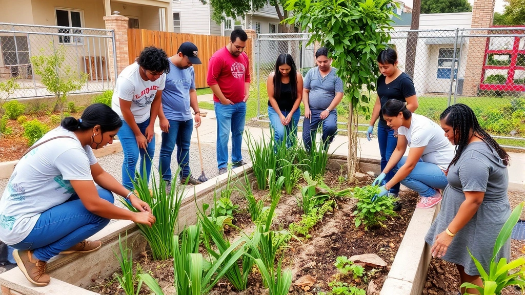 Diverse community members and environmental professionals collaborating on green infrastructure project in Los Angeles neighborhood, installing sustainable water management systems with native plants