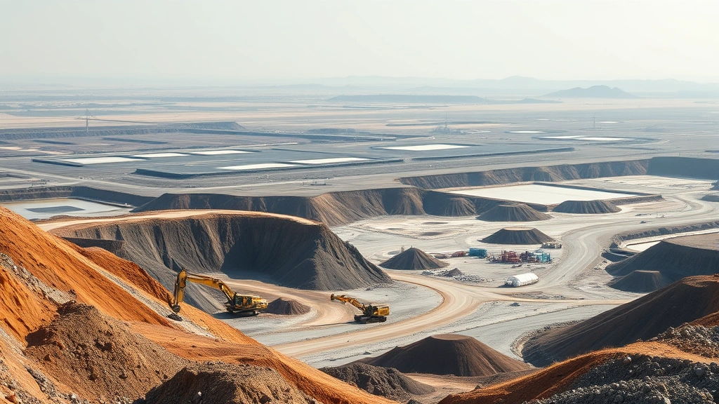Industrial mining operation showing excavated earth, heavy machinery, barren landscape, waste ponds in background, contrast between destroyed and surrounding natural areas, photorealistic environmental impact visualization, no text