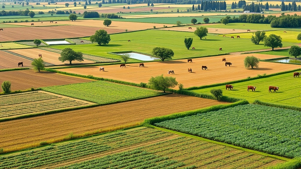 Sustainable farm landscape with diverse crop rotation, cover crops, cattle grazing on pasture, trees interspersed throughout fields, water features, regenerative agriculture demonstration, photorealistic natural abundance, no text