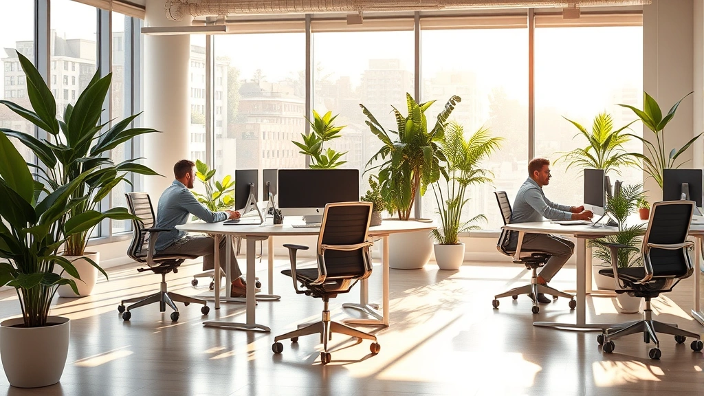 Photorealistic image of modern office workspace with natural light streaming through large windows, ergonomic chairs, adjustable desks, and plants creating healthy indoor environment, workers appearing comfortable and productive