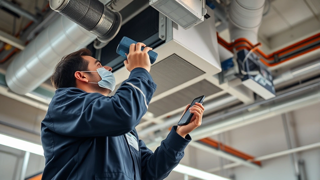 Photorealistic photograph of HVAC system maintenance, technician checking ventilation equipment and air quality monitoring devices, professional workplace environmental inspection in progress