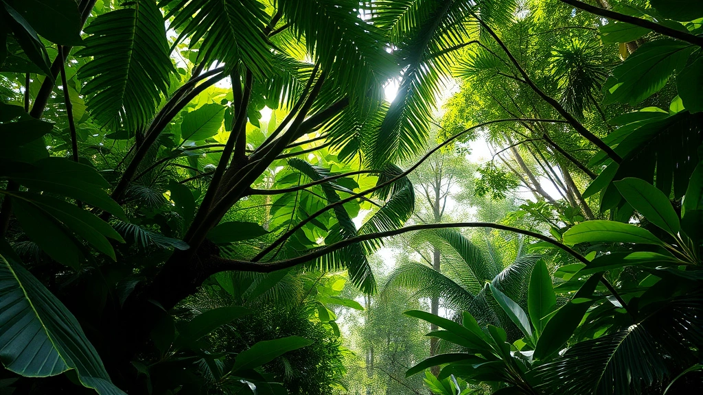 Lush tropical rainforest canopy with sunlight filtering through dense green foliage, showing biodiversity and natural capital richness, photorealistic professional quality