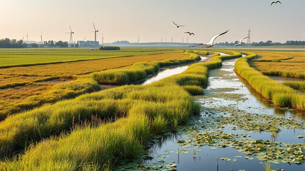Industrial agricultural landscape transitioning to restored wetland ecosystem with water birds and native vegetation, showing ecosystem restoration economic value