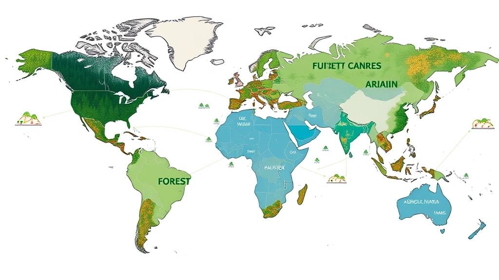 Global supply chain visualization with forest, water, and agricultural ecosystems at nodes, showing interconnected economic dependencies on natural systems