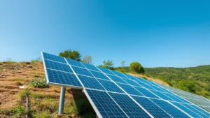 Solar panel array on hillside with green vegetation and blue sky, photorealistic wide-angle perspective showing scale and clean energy production