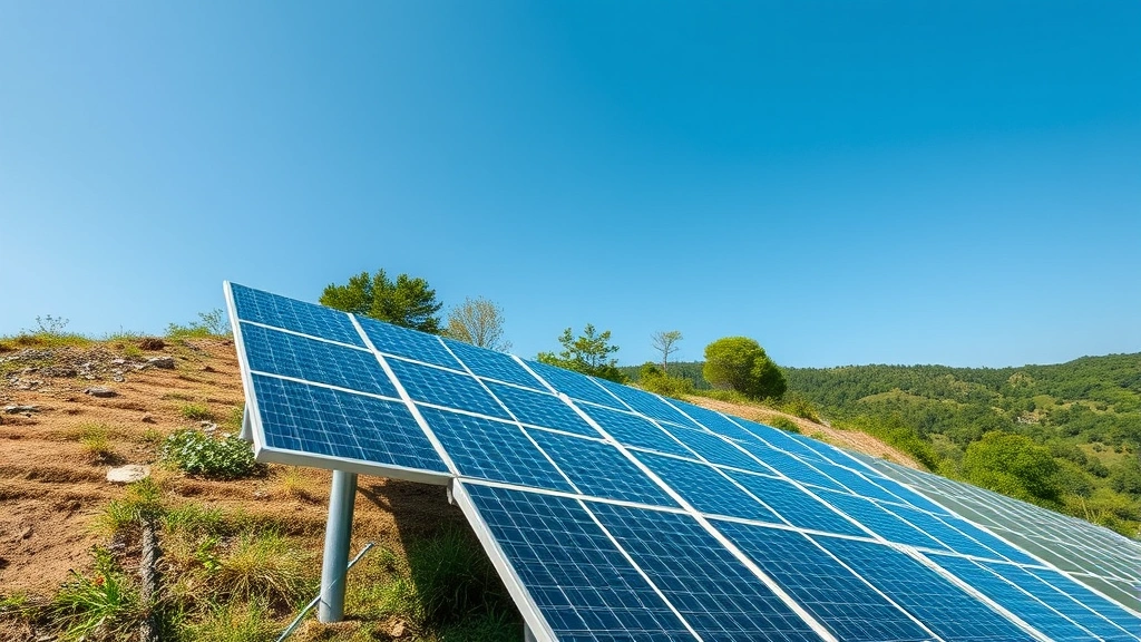Solar panel array on hillside with green vegetation and blue sky, photorealistic wide-angle perspective showing scale and clean energy production