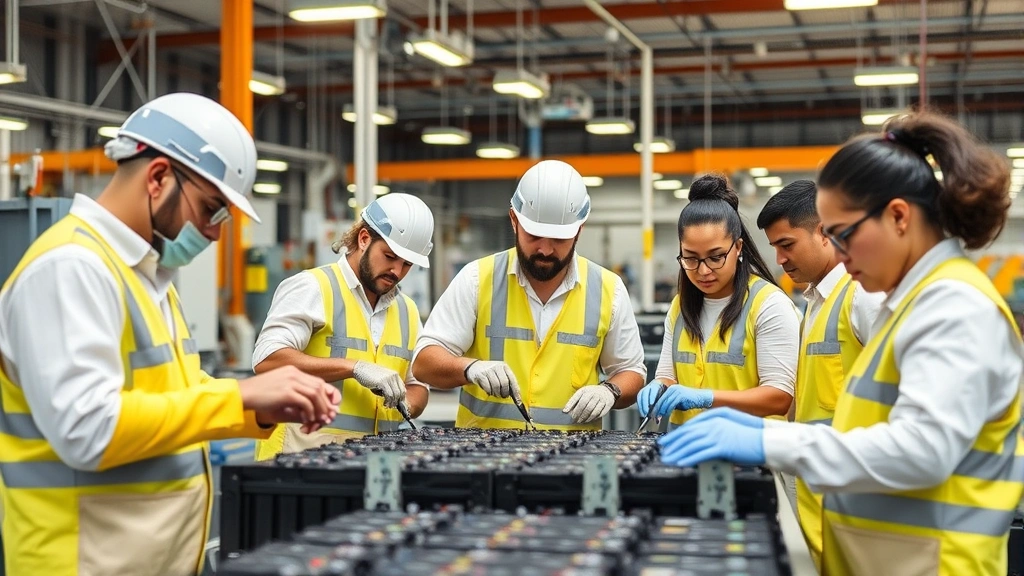 Factory workers assembling electric vehicle batteries and renewable energy components in modern facility, diverse workforce demonstrating green technology manufacturing