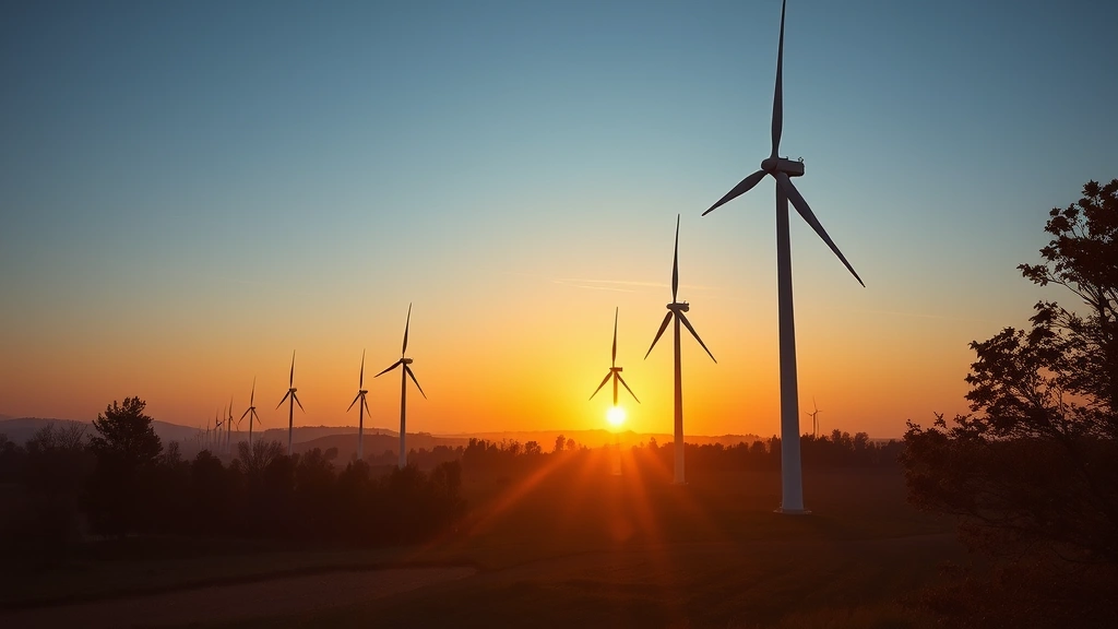 Renewable energy wind turbines in landscape with trees and fields, sunset lighting showing sustainable infrastructure integrated with natural environment