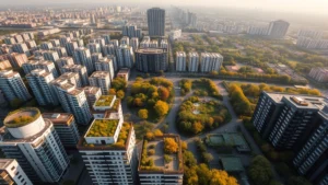 Aerial view of a modern city with extensive green corridors, rooftop gardens, and parks interspersed between buildings, showing clear contrast between vegetated and developed zones, morning light illuminating diverse plant colors