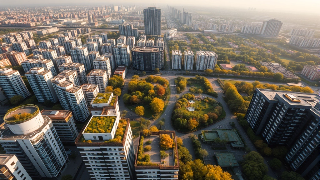 Aerial view of a modern city with extensive green corridors, rooftop gardens, and parks interspersed between buildings, showing clear contrast between vegetated and developed zones, morning light illuminating diverse plant colors