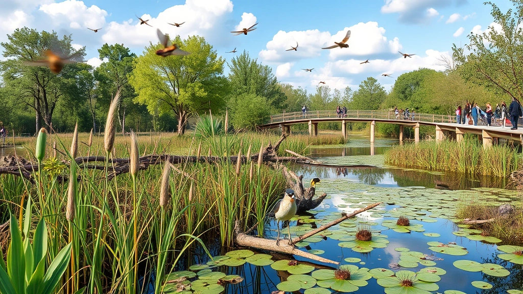 Diverse urban wetland park with native aquatic plants, dragonflies hovering, birds perched on branches, visitors walking on wooden boardwalks, natural water features reflecting sky, lush riparian vegetation creating natural habitat