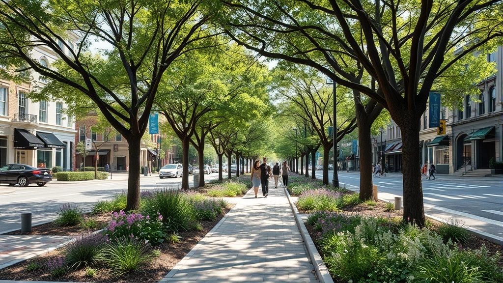Thriving street-level ecological transformation showing mature urban trees with dense canopy, flowering native plants in bioswales, pedestrians walking on permeable pavement, visible stormwater infiltration, vibrant ecosystem activity with insects and birds