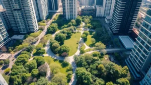 Aerial view of vibrant urban park with mature trees, walking paths, and diverse vegetation surrounded by modern city buildings, showing ecosystem integration in dense metropolitan environment, bright natural lighting