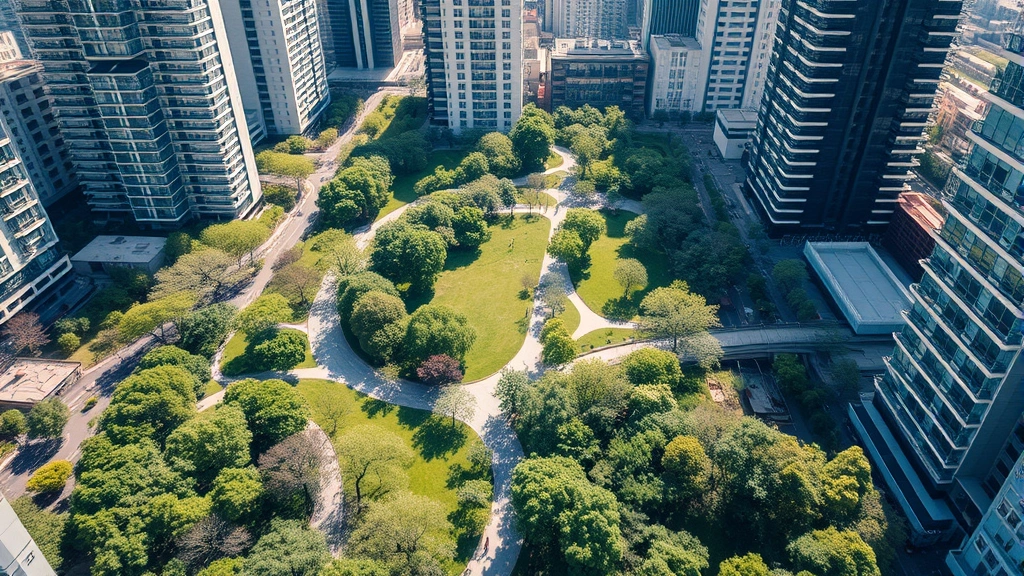 Aerial view of vibrant urban park with mature trees, walking paths, and diverse vegetation surrounded by modern city buildings, showing ecosystem integration in dense metropolitan environment, bright natural lighting