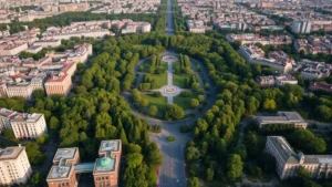 Aerial view of a dense city with green parks and tree-lined streets interspersed throughout urban buildings, showing contrast between concrete and vegetation in morning light
