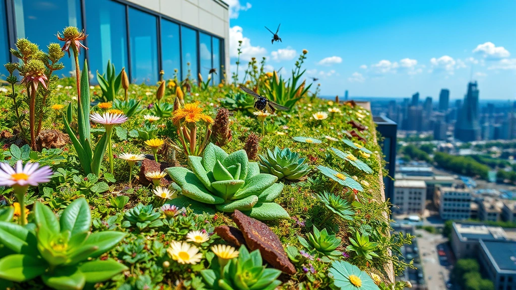 Close-up of a vibrant green roof garden on a modern building with diverse plants, flowers, and insects, overlooking an urban skyline with blue sky