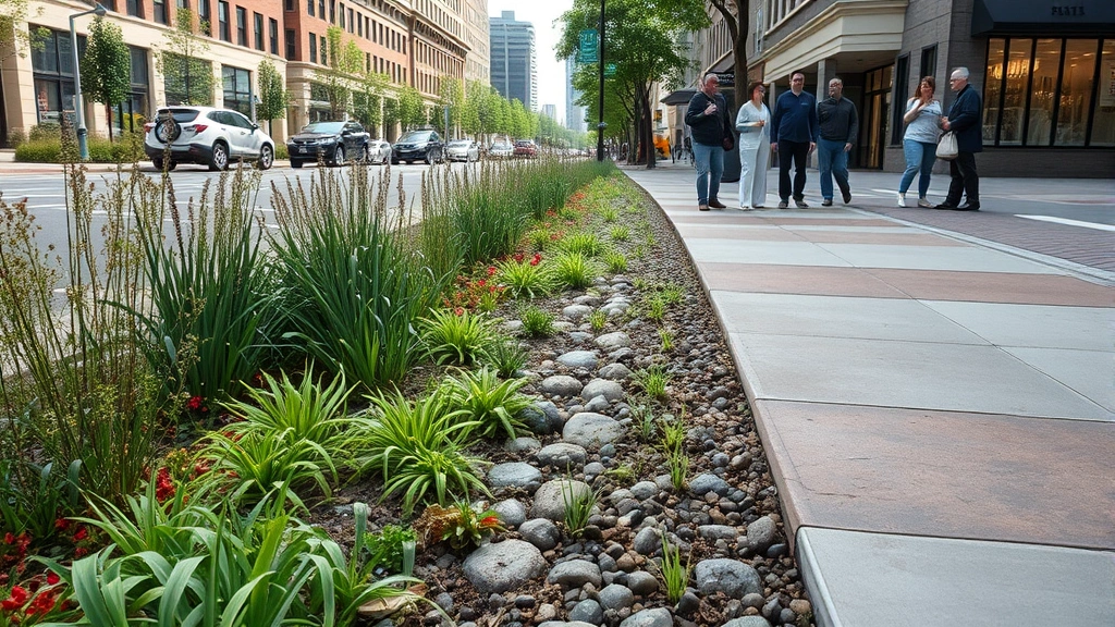 Wide shot of a bioswale rain garden in an urban street median with native plants and water retention, people walking nearby on sidewalk, showing nature-based stormwater management integration