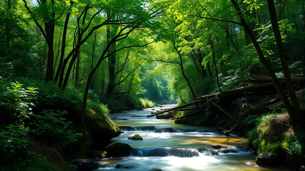 Lush forest canopy with clean river flowing through, sunlight filtering through leaves, biodiversity thriving, natural ecosystem in perfect health and balance