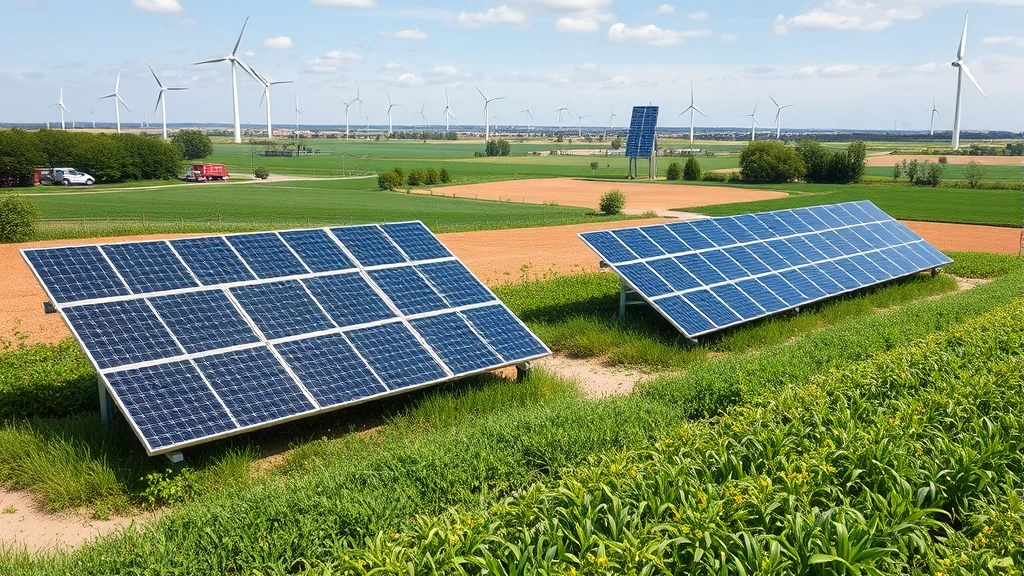 Solar panels and wind turbines in agricultural landscape, renewable energy infrastructure coexisting with crops, sustainable farming practices visible, green technology integration