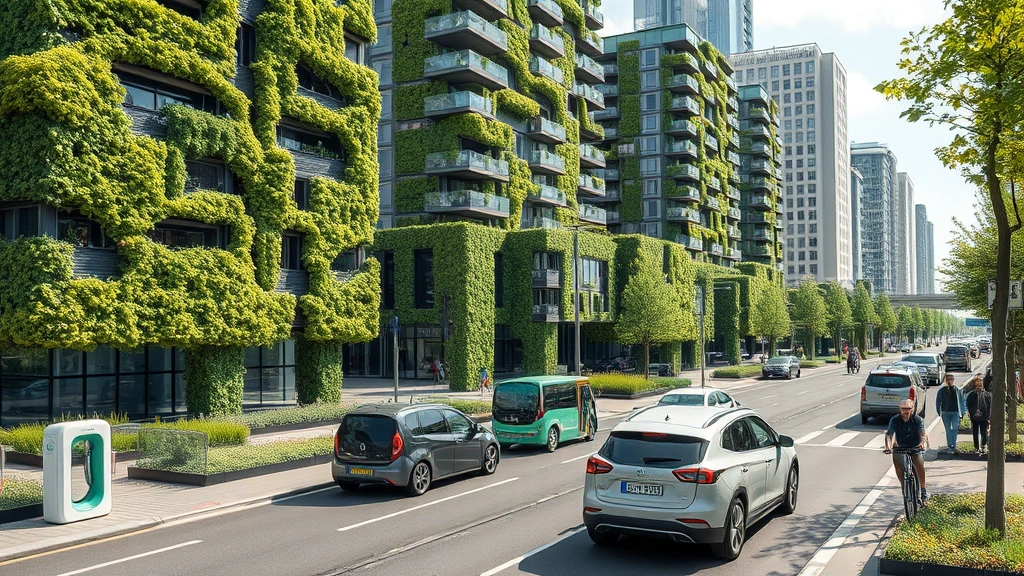 Urban sustainability: green buildings with living walls, electric vehicles charging, public transit, parks integrated into cityscape, people cycling and walking, modern eco-conscious city design