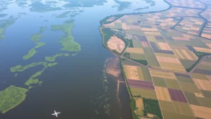 Aerial photograph of a thriving river delta ecosystem transitioning to industrial agricultural land with visible habitat fragmentation and waterway pollution from fertilizer runoff, showing the economic-ecological interface with lush wetlands on one side and simplified monoculture fields on the other