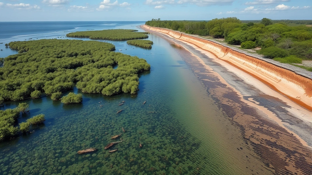 Wide landscape view of a restored coastal mangrove forest with clear water, diverse bird species, and regenerating vegetation contrasting with adjacent degraded shoreline showing erosion and pollution, demonstrating ecosystem recovery through conservation investment