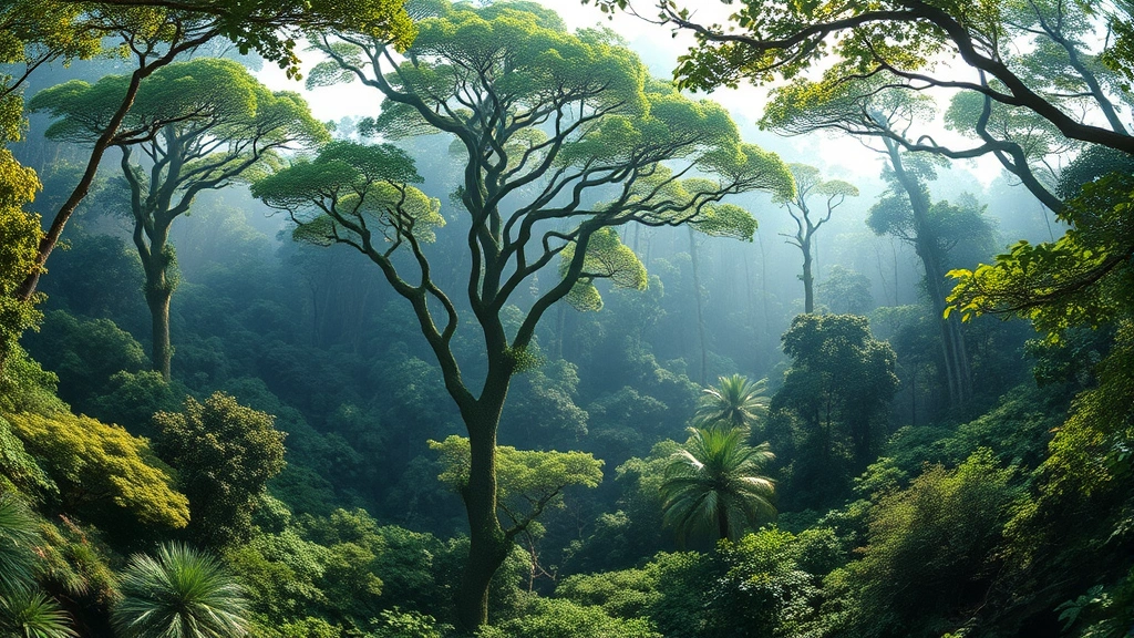 Panoramic forest canopy view with sunlight filtering through intact biodiversity-rich tropical rainforest, showing dense vegetation layers and wildlife habitat that represents both ecological and economic value through carbon sequestration and ecosystem services