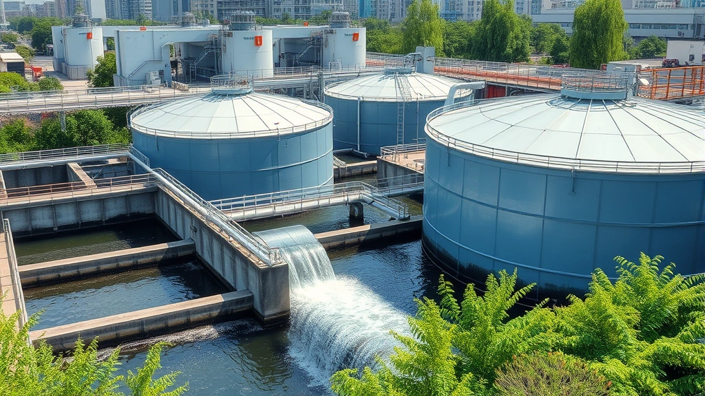 Urban water treatment facility with large industrial tanks and purification equipment, modern infrastructure surrounded by green vegetation, clean water flowing through transparent pipes, photorealistic daytime scene