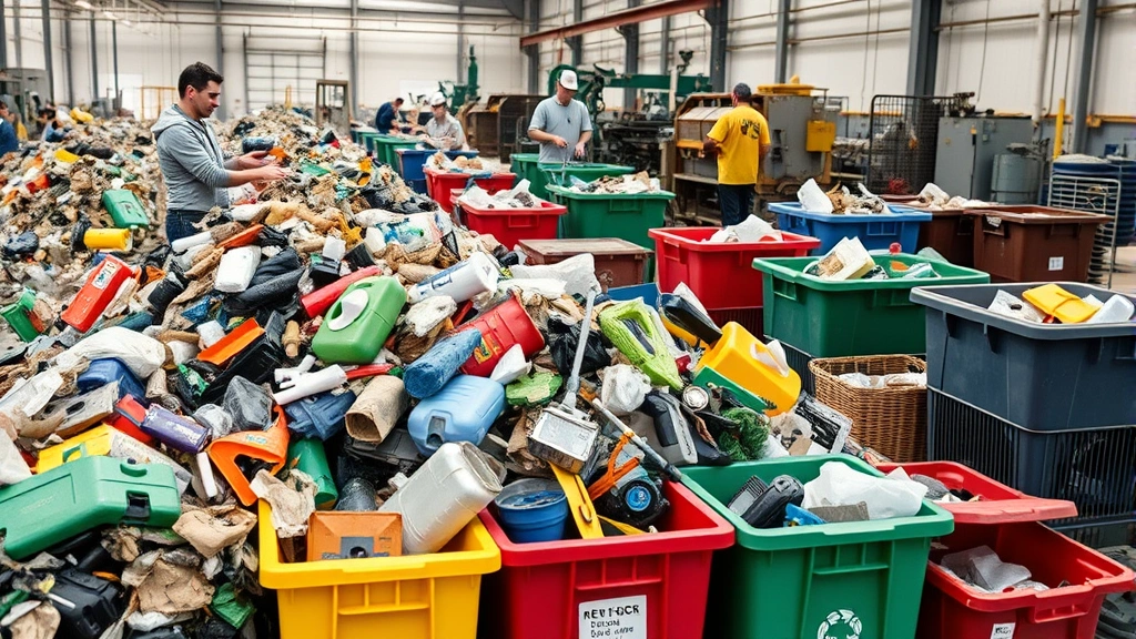 Recycling facility with sorted waste materials, colorful plastic and metal bins, workers processing recyclables, industrial machinery in background, sustainable operations in action