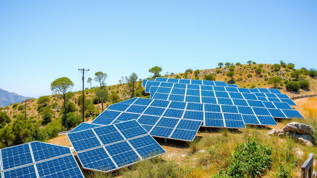 Renewable energy solar panels installed on hillside landscape with natural vegetation, modern green energy infrastructure integrated with natural environment, clear sunny day showing sustainable power generation