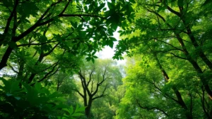 Lush green forest canopy with sunlight filtering through leaves, diverse vegetation layers visible, birds and wildlife in natural habitat, representing ecosystem service provision and biodiversity value