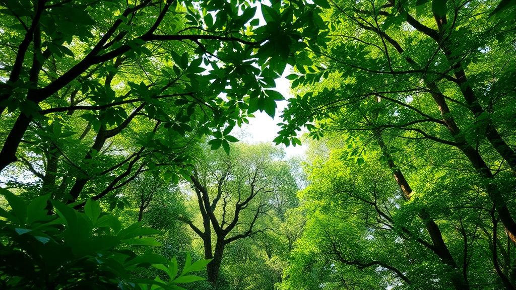 Lush green forest canopy with sunlight filtering through leaves, diverse vegetation layers visible, birds and wildlife in natural habitat, representing ecosystem service provision and biodiversity value