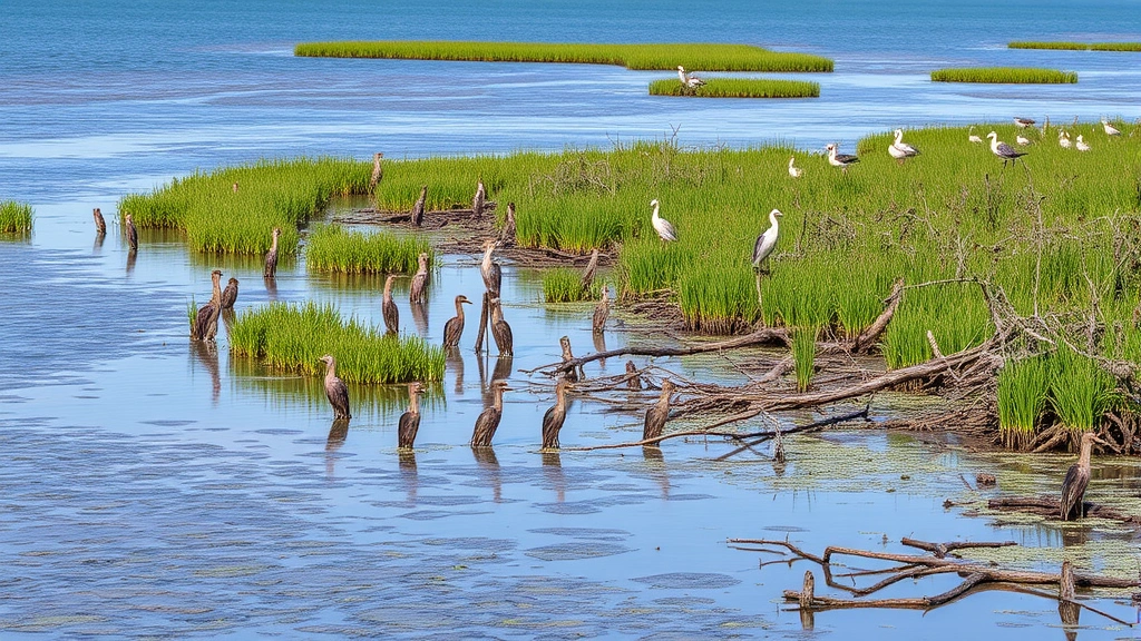 Coastal wetland ecosystem with water, marsh grasses, mangrove roots, and diverse bird species, showing ecosystem productivity and natural infrastructure for flood protection