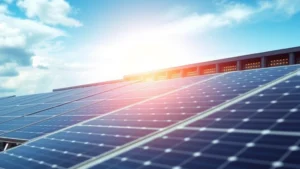 Renewable energy solar panels powering data center with glowing server infrastructure in background, photorealistic, daylight, showing sustainable technology integration