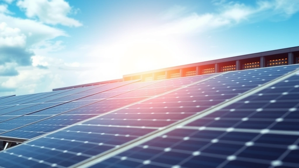 Renewable energy solar panels powering data center with glowing server infrastructure in background, photorealistic, daylight, showing sustainable technology integration