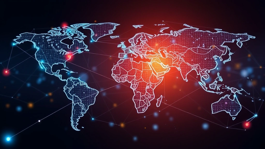 Global supply chain network visualization with interconnected nodes representing digital infrastructure optimization and resource flows across continents