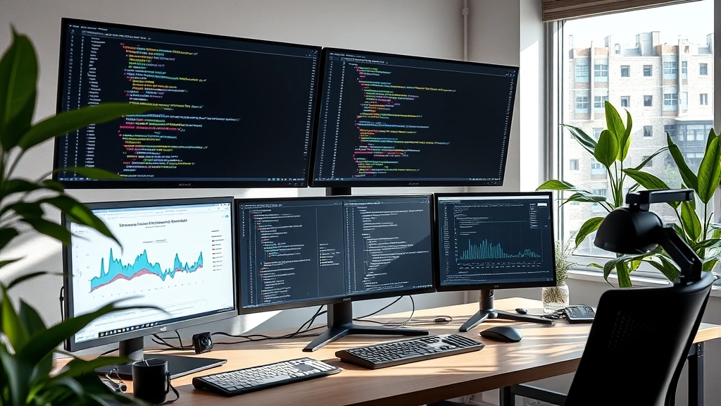 Modern developer workspace with multiple monitors displaying code and performance metrics, showing sustainable work environment with natural lighting and green plants