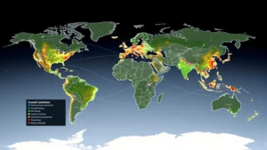 Global supply chain network visualization showing interconnected manufacturing hubs, distribution centers, and markets with highlighted vulnerability points where disruptions cascade through the system, environmental stress indicators integrated into node analysis, photorealistic 3D representation
