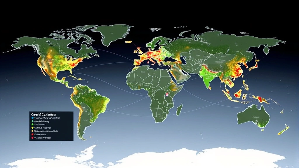 Global supply chain network visualization showing interconnected manufacturing hubs, distribution centers, and markets with highlighted vulnerability points where disruptions cascade through the system, environmental stress indicators integrated into node analysis, photorealistic 3D representation