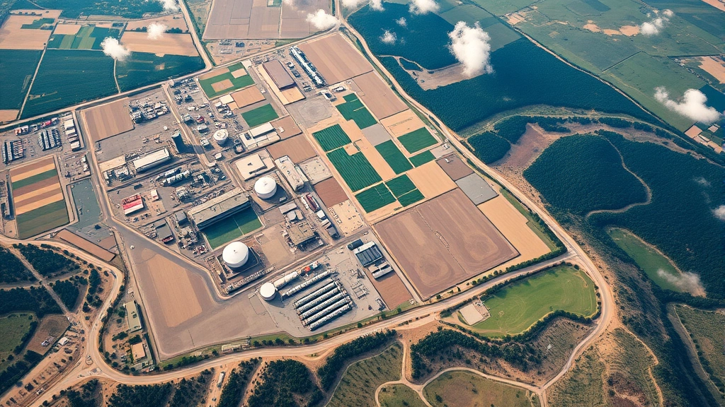 Aerial landscape photography showing industrial facilities, agricultural zones, renewable energy installations, and natural ecosystems in integrated geographic proximity, demonstrating interconnection between economic activity and environmental systems, diverse terrain and infrastructure