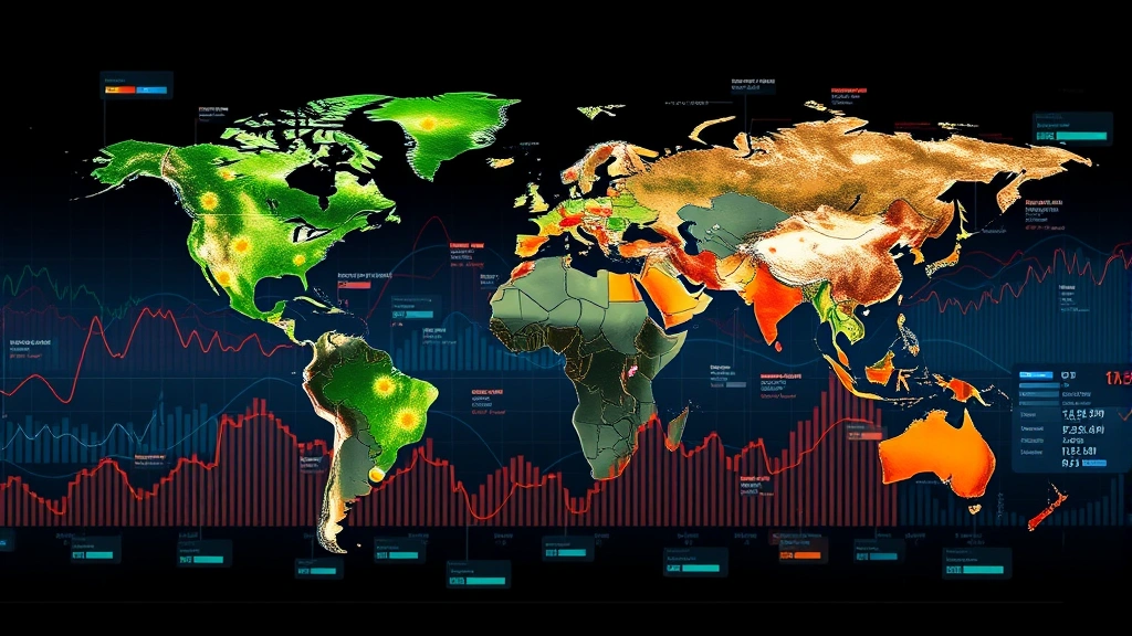 Composite visualization of economic indicators in motion: fluctuating commodity prices, weather patterns affecting crop regions, renewable energy capacity additions, and financial market volatility simultaneously displayed across global map, photorealistic data-driven aesthetic