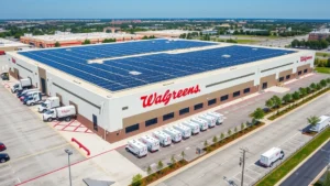 Aerial view of Walgreens distribution center with solar panels on roof and electric delivery trucks parked in rows, showing renewable energy infrastructure integration in pharmacy logistics operations