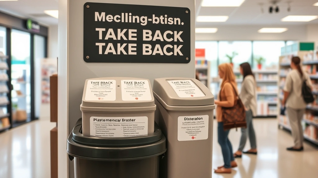 Close-up of pharmacy medication take-back program display with clearly labeled disposal containers in modern drugstore setting, customers interacting with sustainable pharmaceutical waste management system