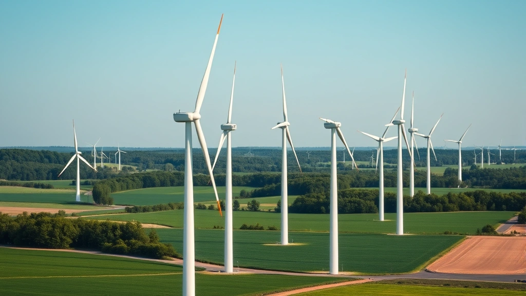 Wide shot of wind turbines in rural landscape with green fields and forest in background, representing renewable energy sources powering retail pharmacy operations and corporate sustainability commitment